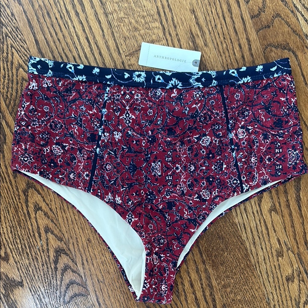 Anthropologie Red Floral High-Waisted Bikini Bottom